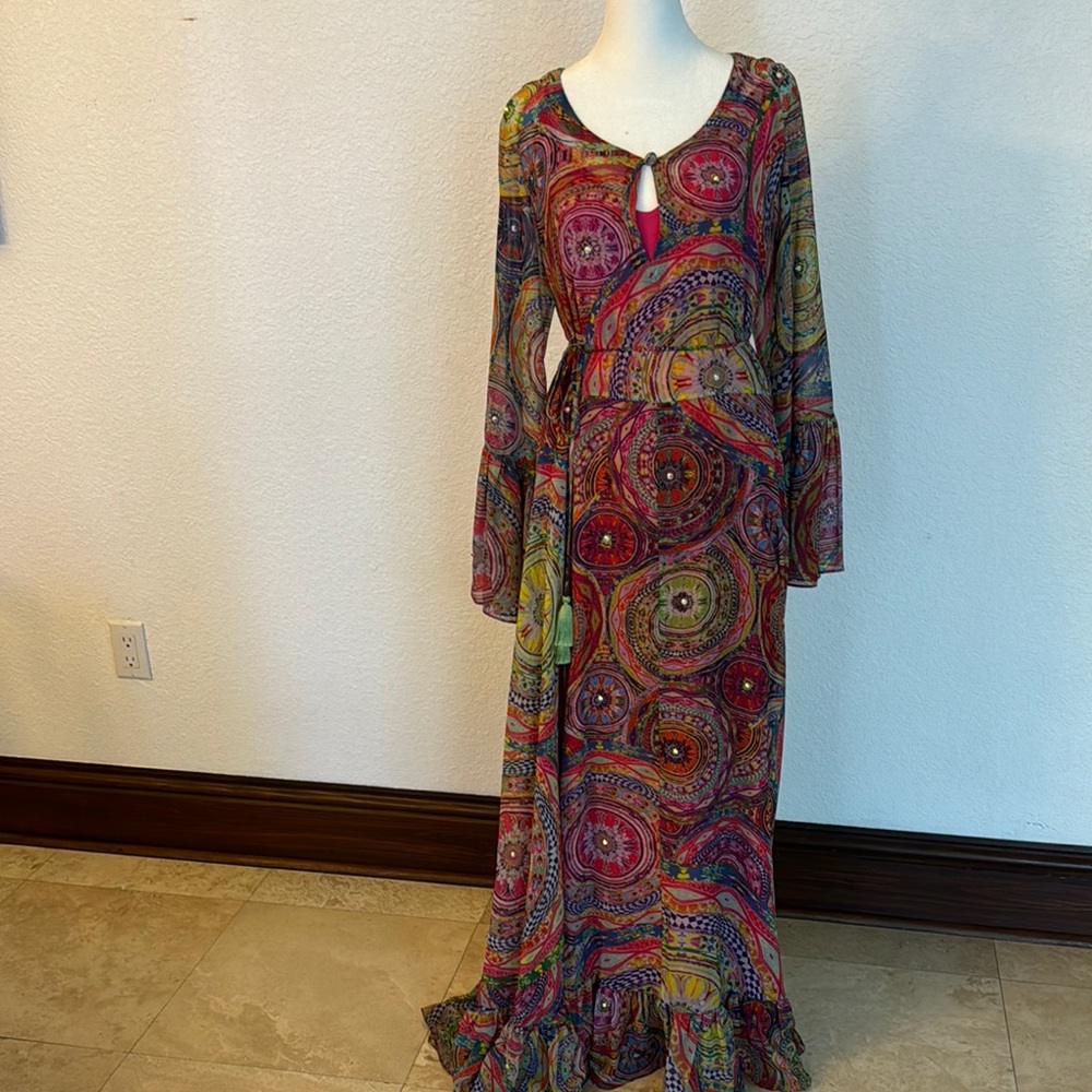 Alexis Multicolored Ruffled Tie Front Resort Gown